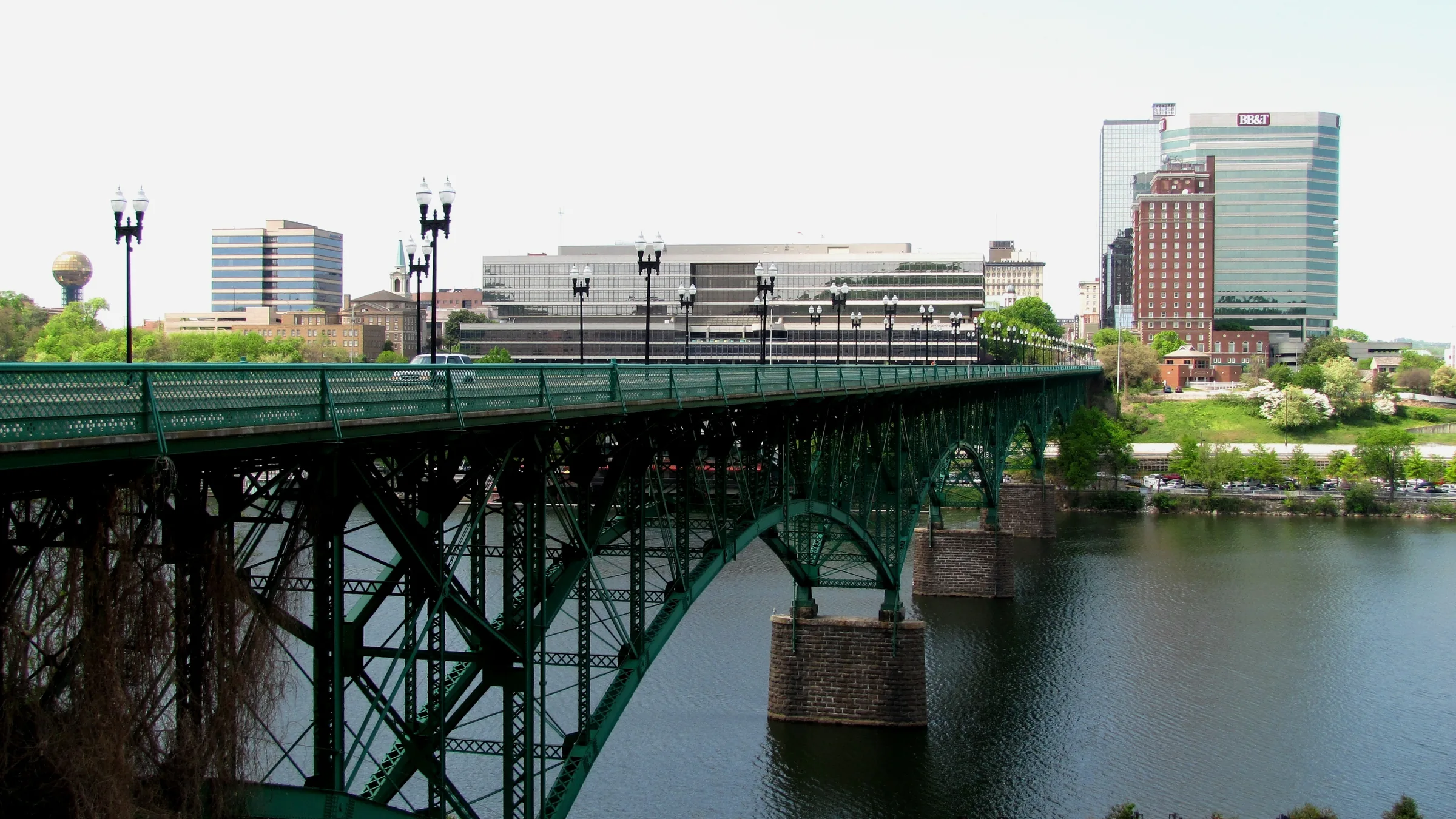 Gay Street Bridge spanning the Tennessee River with downtown Knoxville skyline and the Sunsphere